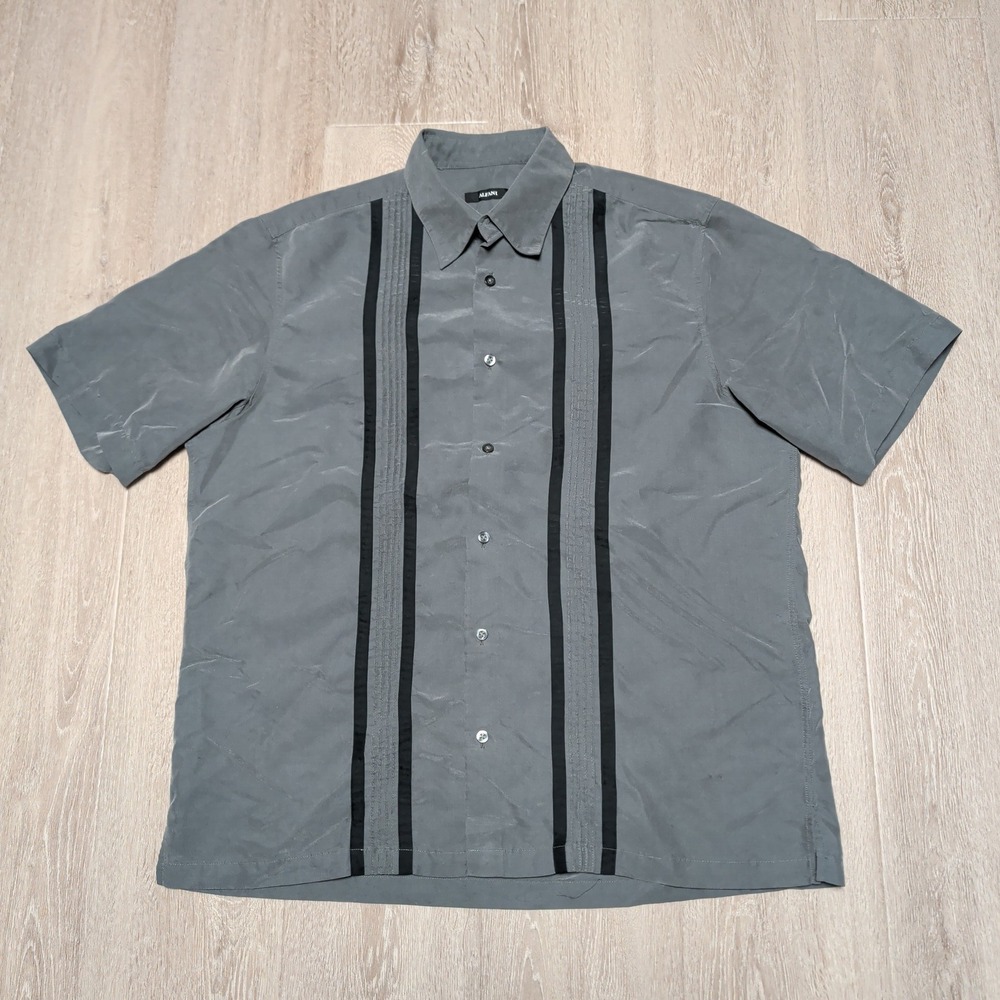 Vintage Alfani Mens Gray Modal‎ Blend Pintuck Striped Short Sleeve Shirt Large